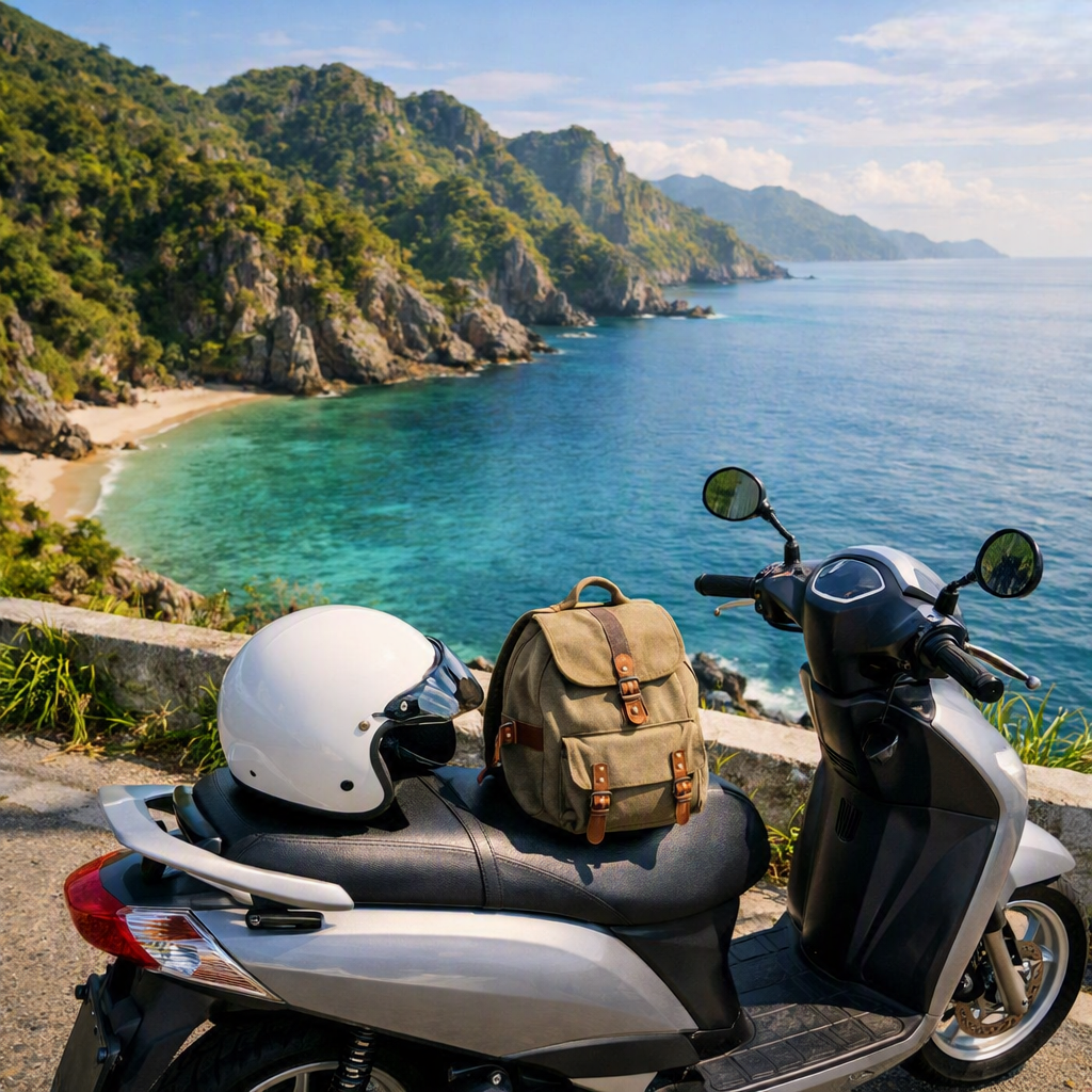 A scooter on a scenic coastal road representing independent travel around Bataan.