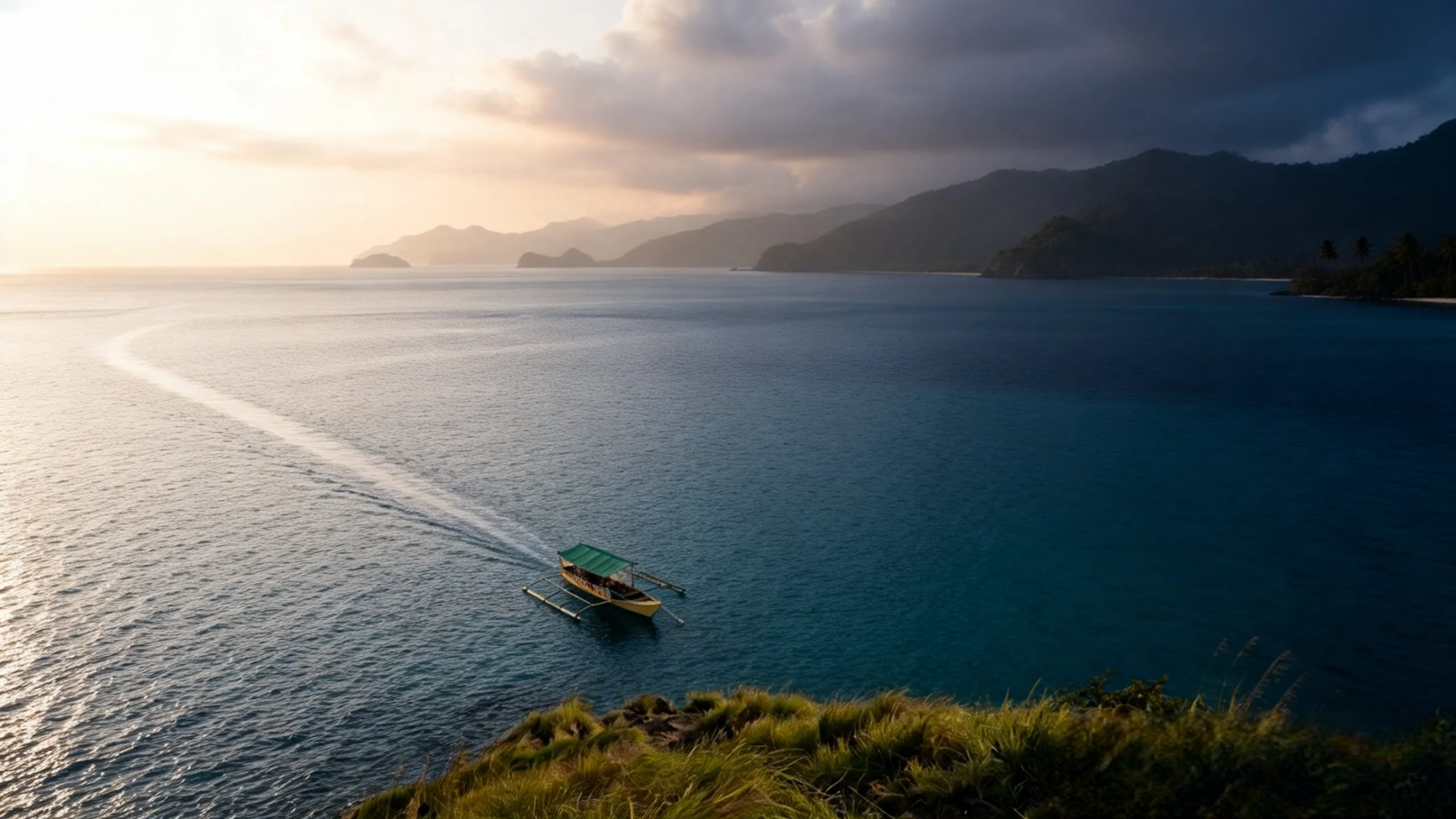 Traditional Philippine bangka travelling across the open sea near Bataan