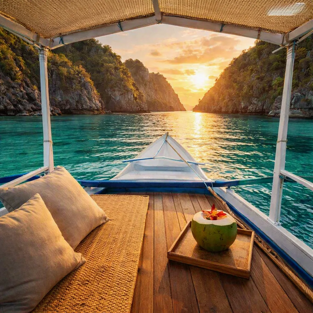 A private Philippine outrigger boat with comfortable cushions and a shade canopy on the waters of Bataan.