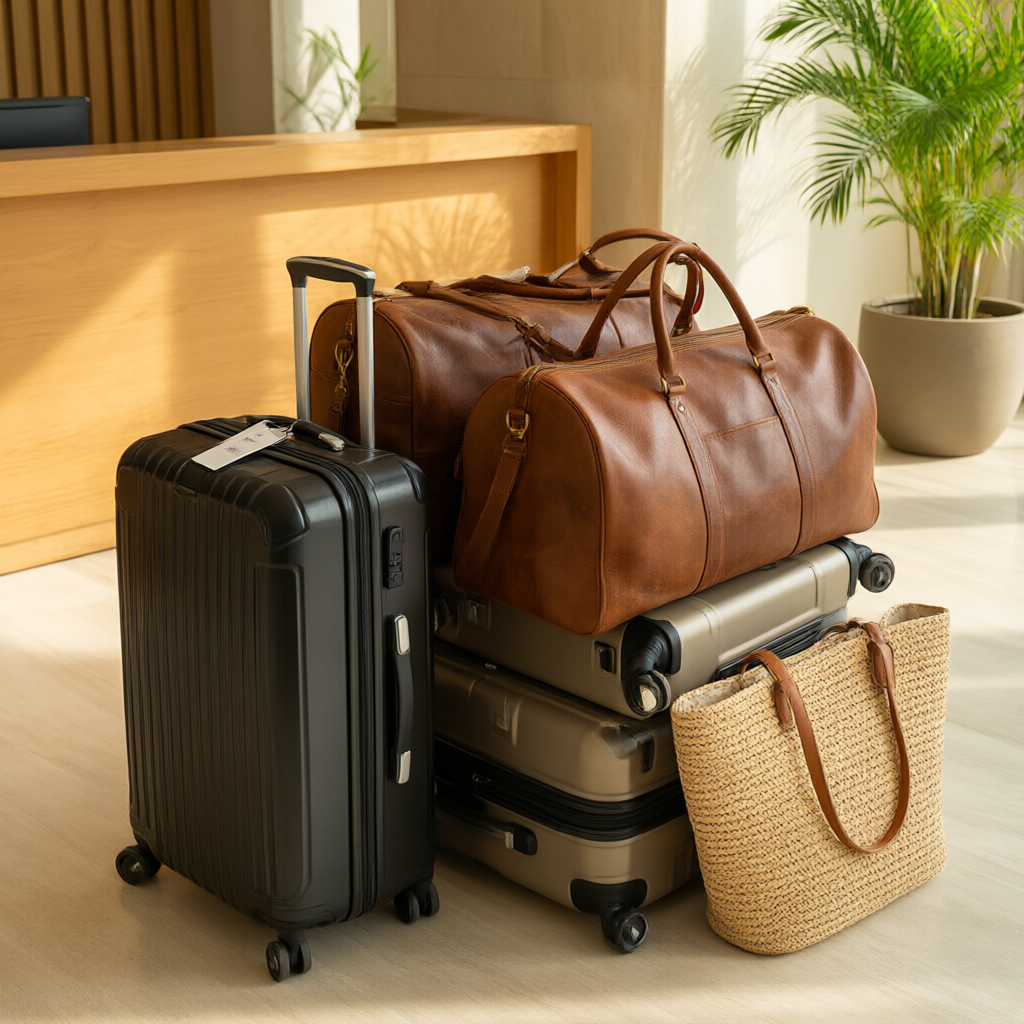 Travel bags arranged for storage while their owner explores a destination.