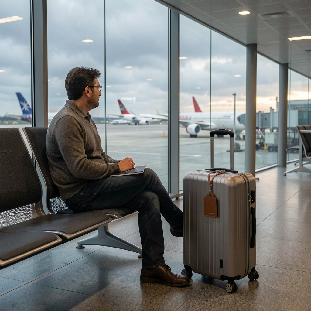 A traveller waiting with carry-on luggage in an airport terminal during a flight disruption.