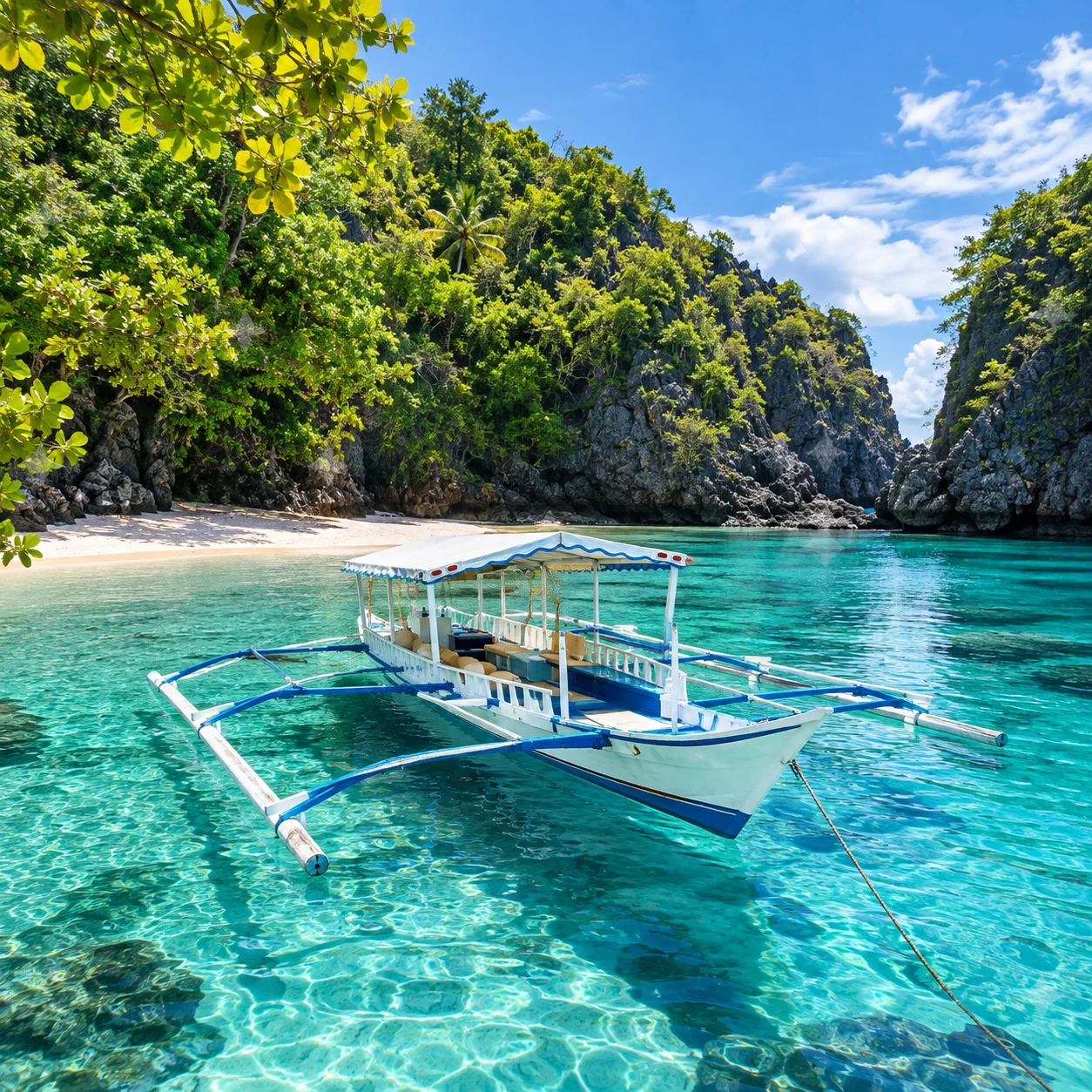 A traditional outrigger boat floating in a quiet, secluded cove with clear turquoise water and lush cliffs in Bataan, Philippines.